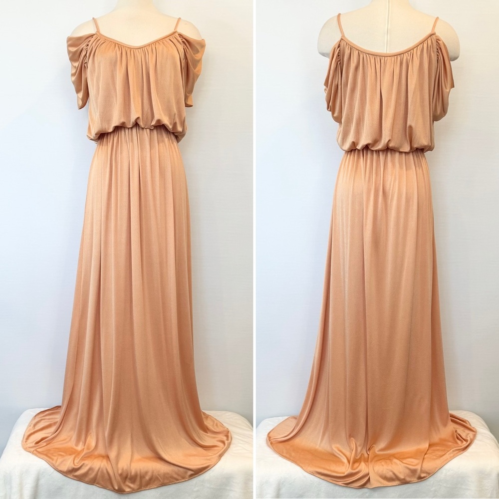 Vintage Silky Satin Champagne Draped Floor Length Maxi Gown Column Slip Dress M🔥